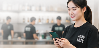 刘主管在门店内查看手机