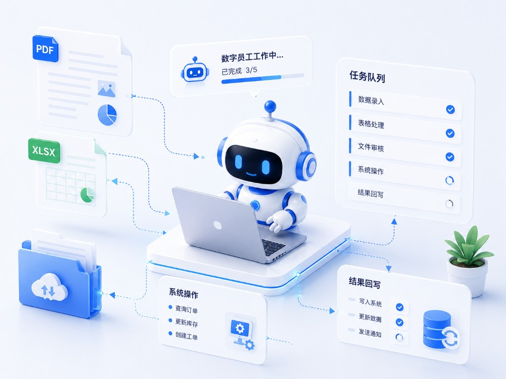 数字员工智能体能力示意：任务队列、系统操作与结果回写
