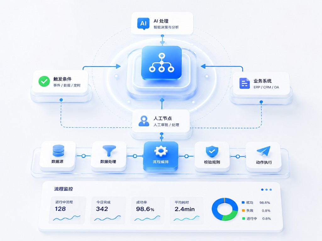 流程中枢智能体能力示意：AI 节点编排、流程监控与动作执行