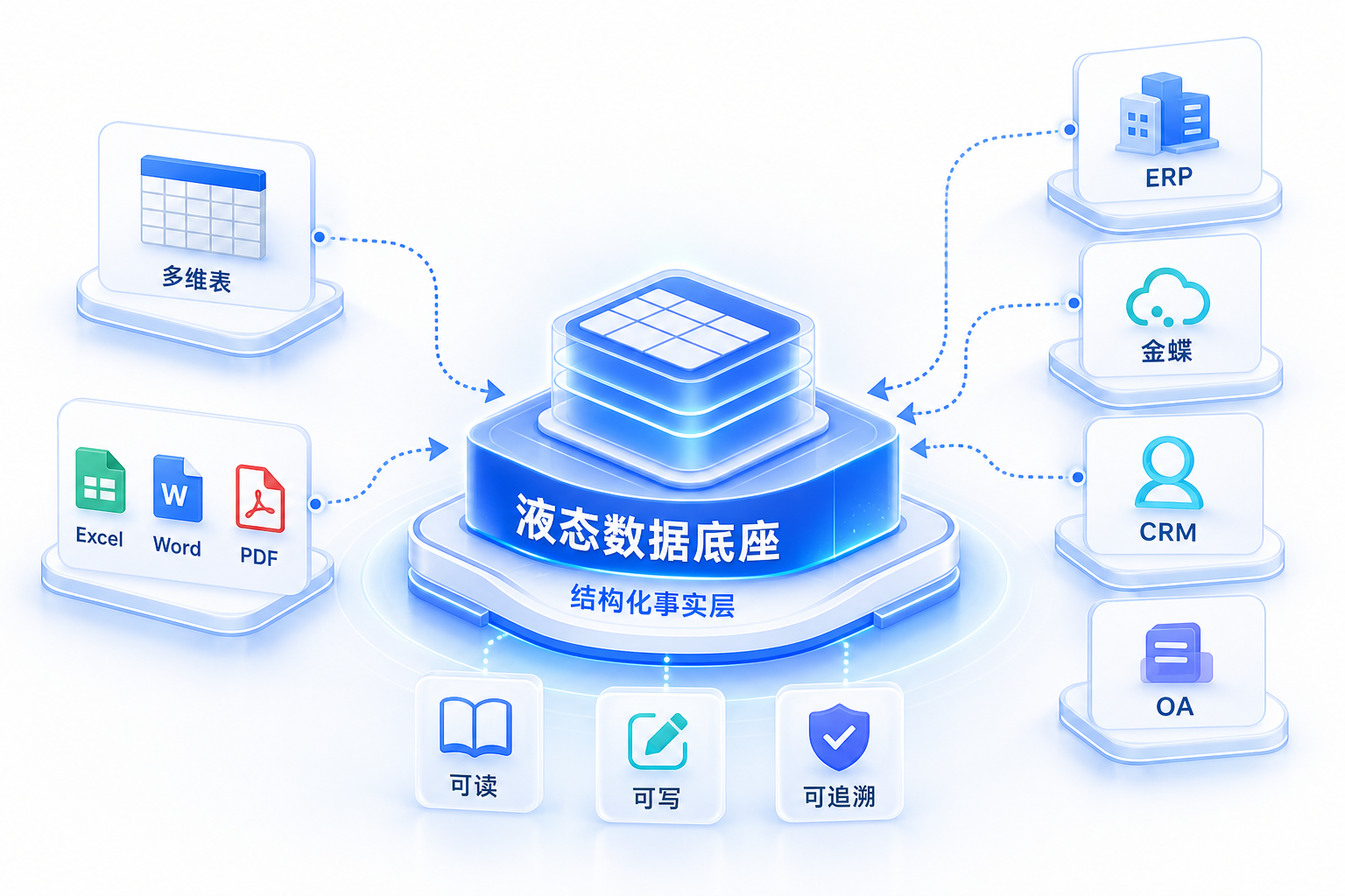 液态数据底座：多维表、外部系统与文档汇入结构化事实层示意